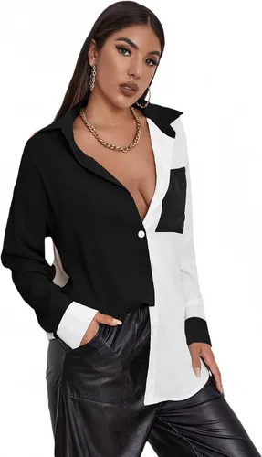 Vista 4 de SheIn Blusa de manga larga con cuello en V y botones para mujer