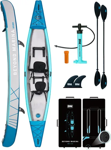 Vista 9 de BEYOND MARINA - Kayak inflable para 1, 2 y 3 personas para adultos - Kayak de costura completa con remos de aluminio, asientos, reposapiés, bomba