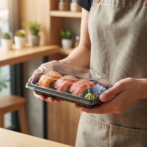 Vista 5 de Restaurantware Roku - Bandejas de sushi de 5.4 x 3 pulgadas, 100 recipientes desechables para sushi con tapas, pequeños recipientes rectangulares