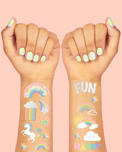 Vista 3 de xo, Fetti - Tatuajes temporales de arcoíris pastel - 46 estilos de lámina plateada Suministros para fiesta de cumpleaños de unicornio, baby