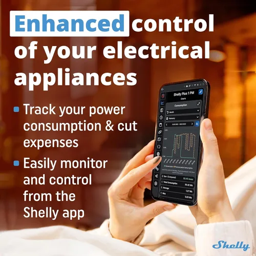 Vista 5 de Shelly 1 PM - Interruptor de relé, automatización inteligente del hogar, WiFi, para Alexa y Google Home, app iOS y Android, sin concentrador