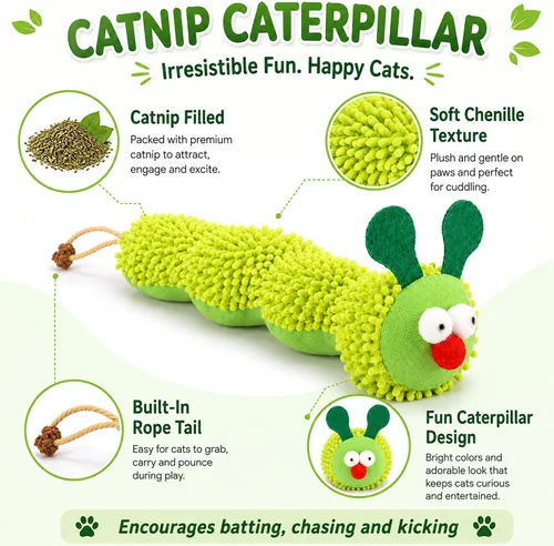 Vista 3 de Almohada de hierba gatera en forma de oruga, almohada masticable para gatos