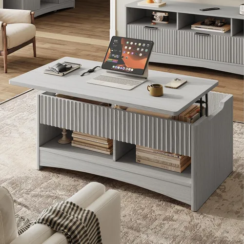 Vista 7 de Amada - Mesa de centro elevable con almacenamiento, mesa central moderna con compartimento oculto, mesas de centro rectangulares para sala de estar