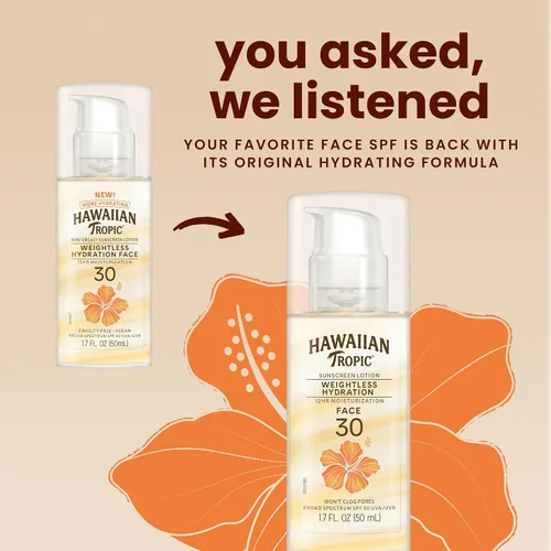 Vista 10 de Loción protector solar Hawaiian Tropic Weightless Hydration SPF 30 para rostro, 1.7 oz Loción protector solar de tamaño para viajar, elementos