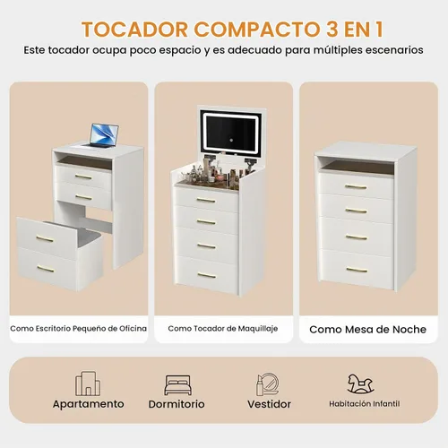 Vista 3 de Escritorio de tocador 3 en 1 con espejo abatible y luces, tocador compacto con silla oculta, escritorio de vidrio visible, 3 cajones, 3 modos