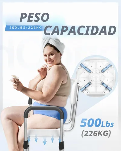 Vista 2 de Sangohe Silla de ducha, asiento de ducha resistente con respaldo, brazos, altura ajustable, ideal para bañera, discapacitados, ancianos, 796C