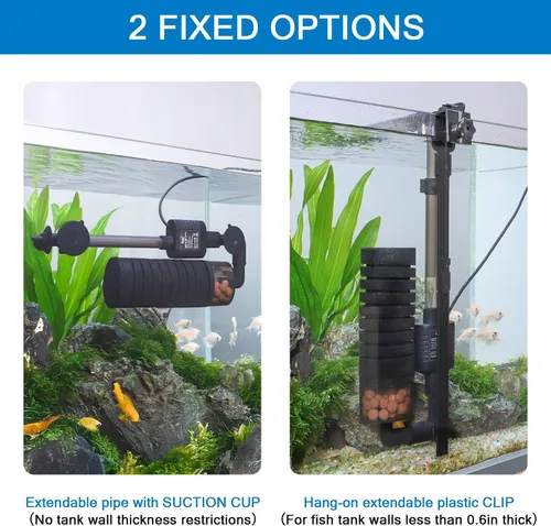 Vista 2 de hygger Filtro de esponja individual USB, pequeño filtro de acuario con clip ajustable para colgar y ventosa, salida de pico de pato, salida de tubo