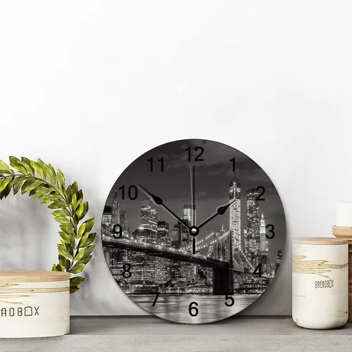 Vista 2 de Brooklyn Bridge - Reloj de pared iluminado con diseño de horizonte de la ciudad de Nueva York, 10 pulgadas, funciona con pilas, reloj de pared