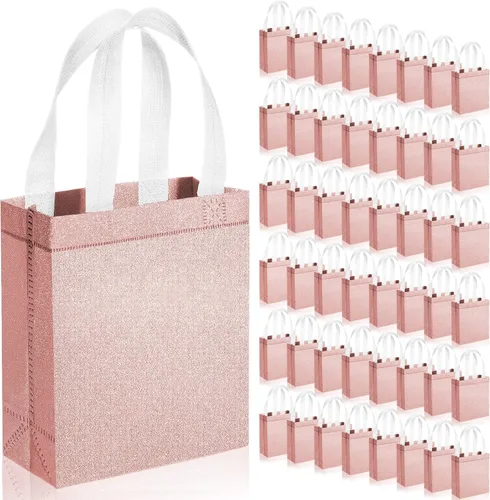 Vista 8 de Woanger Paquete de 48 bolsas de regalo con purpurina con asa, reutilizables, no tejidas, con purpurina para bodas, cumpleaños, despedidas de Negro