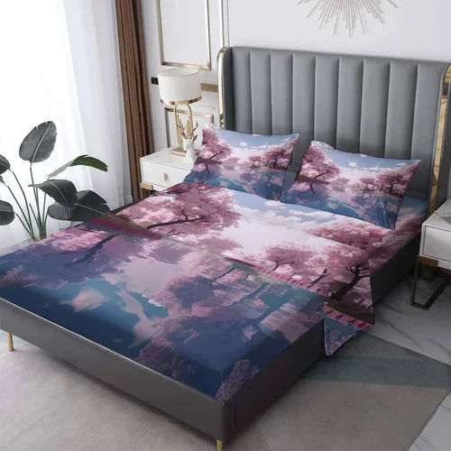 Vista 8 de Juego de sábanas de 3 piezas con estampado de flor de cerezo, tamaño individual, diseño de árbol de Sakura, sábanas y fundas de almohada, sábana