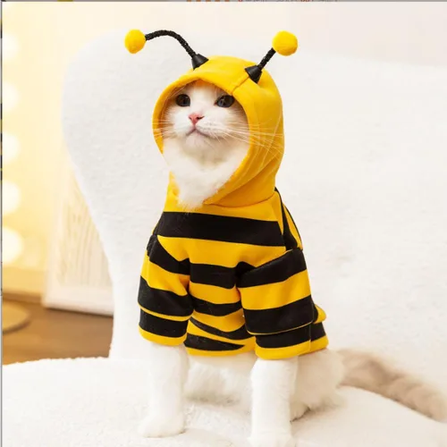 Vista 3 de Disfraz de abeja para perro, diseño de abejorro amarillo, sudaderas con capucha para perros pequeños, ropa de invierno para gatos, sudadera
