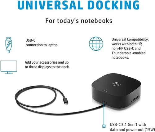 Vista 3 de HP USB-C Essential Dock G5 - Estación de acoplamiento multipuerto con USB-C, HDMI, Ethernet, DisplayPort, incluye expansor de puerto USB Dockztorm