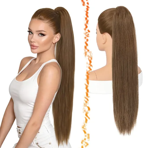 Vista 18 de Barsdar Extensión de Cola de Caballo Castaño - Extensión de Cabello en Cola de 30 Pulgadas Larga y Recta con Cordón Ajustable para Mujeres Caoba