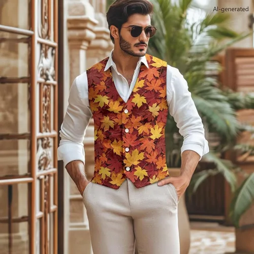 Vista 2 de TODIYADDU Chaleco de cuello en V para hombre, chaquetas de traje sin mangas Maple Leaf