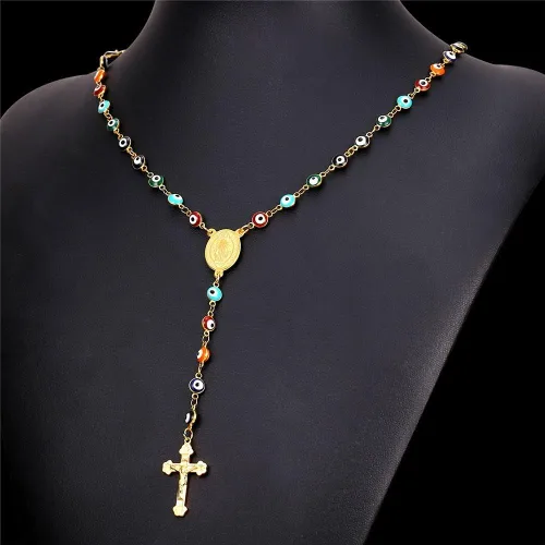 Vista 4 de U7 Catholic Gift Stainless Steel 18K Gold Plated Coin MedalCrucifix CrossVirgin MaryRosary Necklaces for Women Men