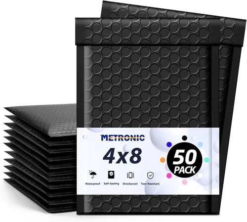 Vista 7 de Metronic Sobres de burbujas negros de 4 x 8 pulgadas, paquete de 50 bolsas