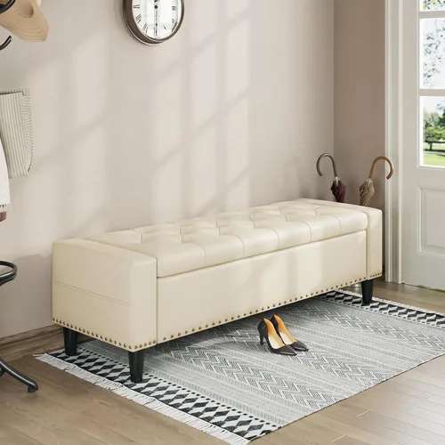 Vista 8 de Banco otomano de almacenamiento de 60 pulgadas, banco de cama tapizado de Blanco crema