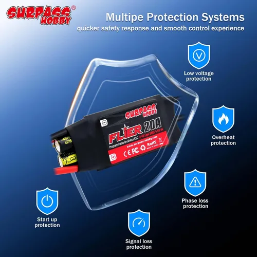 Vista 5 de Surpass 20A ESC sin escobillas 5.5V/4A BEC, XT60 y enchufe de 0.1 in para RC de ala fija