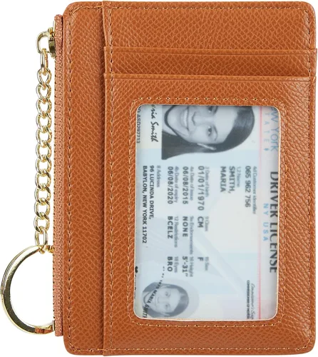 Vista 7 de Tarjetero delgado minimalista para mujer, monedero, monedero, llavero con bolsillo frontal con ventana de identificación
