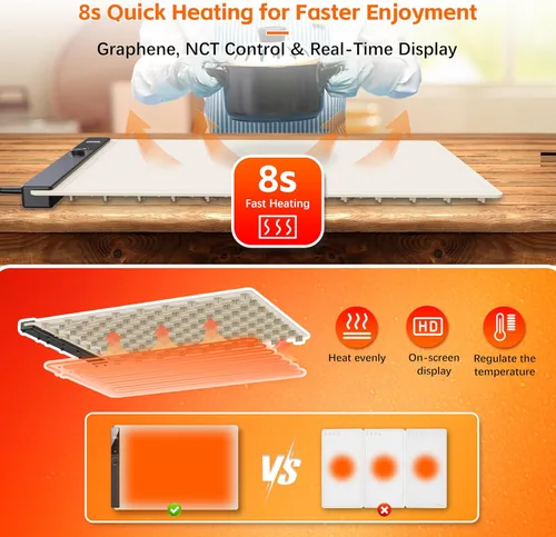 Vista 3 de Tapete eléctrico para calentar alimentos, bandeja de calentamiento eléctrica de silicona con bloqueo para niños, temporizador, placa caliente