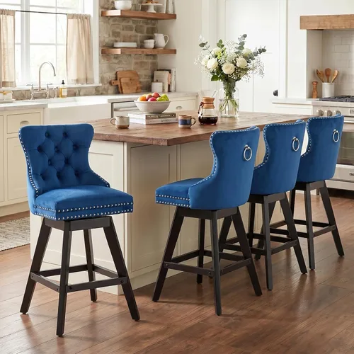 Vista 254 de SoarFlash Juego de 2 taburetes de bar tapizados de terciopelo moderno con patas de madera, botones acolchados, cabeza de clavo cromada, asiento