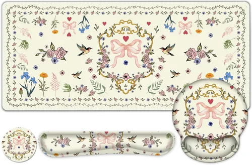 Vista 13 de Alfombrilla de mouse con estética natural de flores, XXL gran alfombrilla de escritorio extendida para la lectura, 4 piezas de base de goma