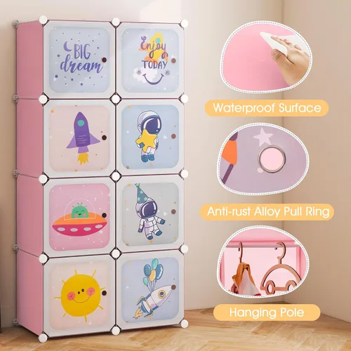 Vista 4 de INFANS Armario para niños, armario portátil para bebé, lindo para dormitorio de niños, armario de guardería con puertas, 12 cubos, 2 secciones