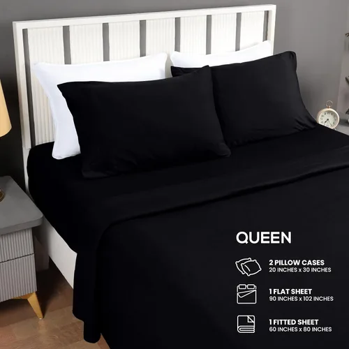 Vista 2 de Utopia - Juego de sábanas de algodón de punto de jersey de 4 piezas, suave, tela elástica (Queen, negro)