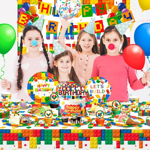 Vista 4 de Bloques de construcción, suministros para fiesta de cumpleaños, 10 invitados, bloques de construcción, bloques de construcción, platos de fiesta