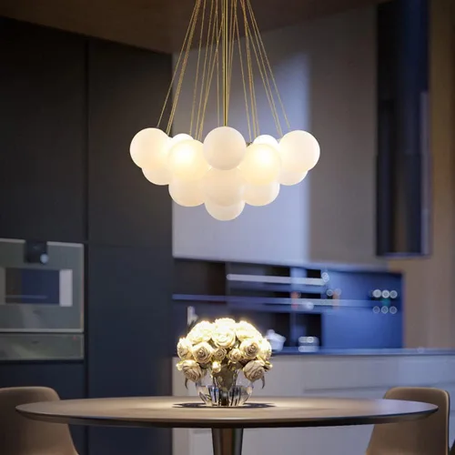 Vista 12 de Candelabro de cristal con forma de bola de burbujas, lámpara colgante moderna nórdica para comedor con pantalla de vidrio azul degradado, globos