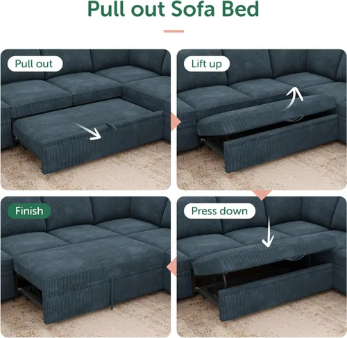 Vista 5 de HONBAY Sofá cama modular, sofá cama modular de pana extraíble con almacenamiento, sofás seccionales en forma de U para sala de estar, color azul
