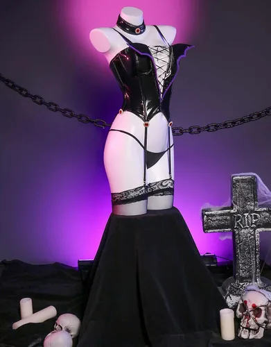 Vista 6 de miccostumes Disfraz de anime para mujer, conjunto de lencería sexy con corsé y tanga con gargantilla y calcetines en el muslo