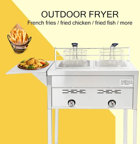 Vista 5 de Freidora comercial de dos tanques, cocina de propano con dos cestas de acero inoxidable y aceite de acero para freír al aire libre