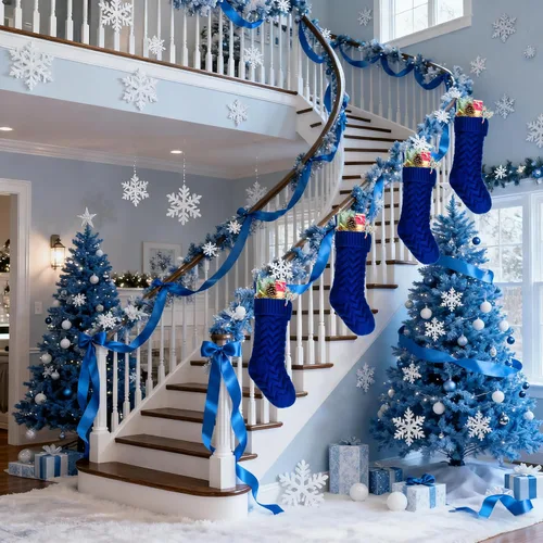 Vista 2 de Medias de Navidad, 18 pulgadas, calcetines de punto trenzado azul para decoración de Navidad, paquete de 4