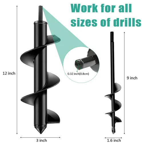 Vista 3 de Broca de taladro para jardín, paquete de 2 brocas en espiral para plantar, 12 x 3 pulgadas y 9 x 1.6 pulgadas, maceta rápida para plantas de jardín