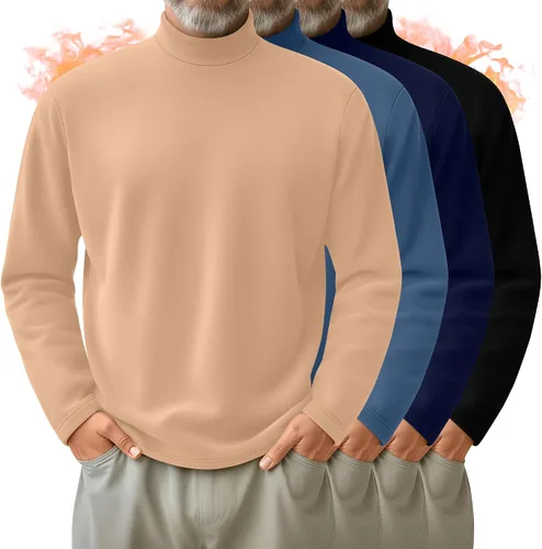 Vista 12 de Paquete de 4 Camisas de Cuello Alto Simulado para Hombre, Suéter Pullover Térmico de Manga Larga, Camiseta Interior Casual de Ajuste Holgado