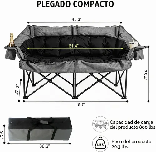Vista 3 de QUYUAN Silla de campamento de doble plaza, silla acolchada para 2 personas, sillas de campamento plegables de gran tamaño, sofá de campamento