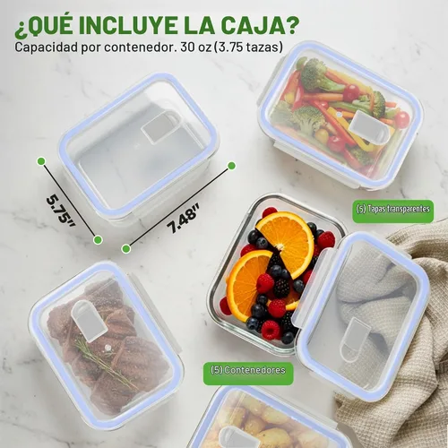 Vista 6 de NutriChef 10 recipientes de vidrio para almacenamiento de alimentos con tapas, recipientes de preparación de comidas de 30 onzas, reutilizables Azul