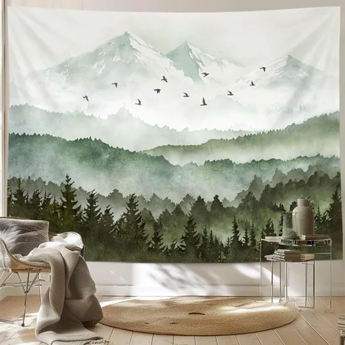 Vista 11 de kampdream Tapiz de bosque de montaña, tapiz de pared con diseño de árbol blanco y negro brumoso, paisaje de acuarela, tapiz de paisaje natural