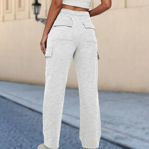 Vista 5 de BBIQI Pantalones deportivos tipo cargo para mujer, pierna ancha, holgados, pierna recta, cintura alta, pantalones deportivos casuales con bolsillos
