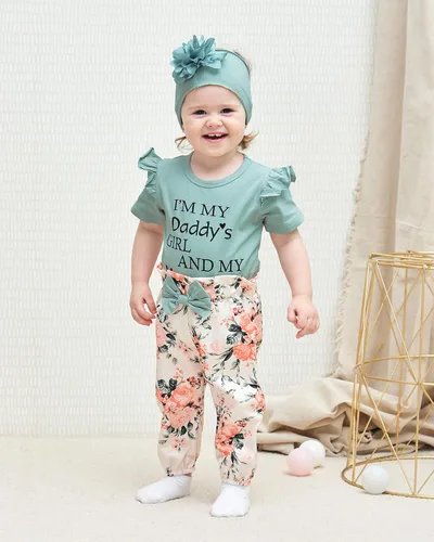 Vista 2 de SUNNY PIGGY Ropa para bebé recién nacida, con volantes, mameluco de algodón floral, conjunto de pantalones de algodón para niñas