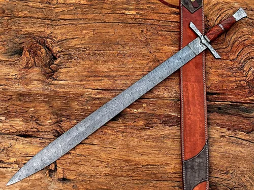 Vista 4 de Espada vikinga hecha a mano, espada medieval de acero de Damasco con funda de cuero, hoja de doble borde de 29 pulgadas