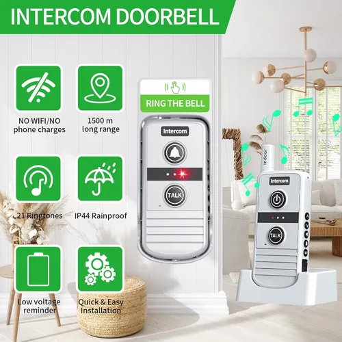 Vista 7 de Timbre inalámbrico, sistema de intercomunicación inalámbrico bidireccional, rango de 4900 pies y 16 canales, 4 niveles de volumen, 21 tonos