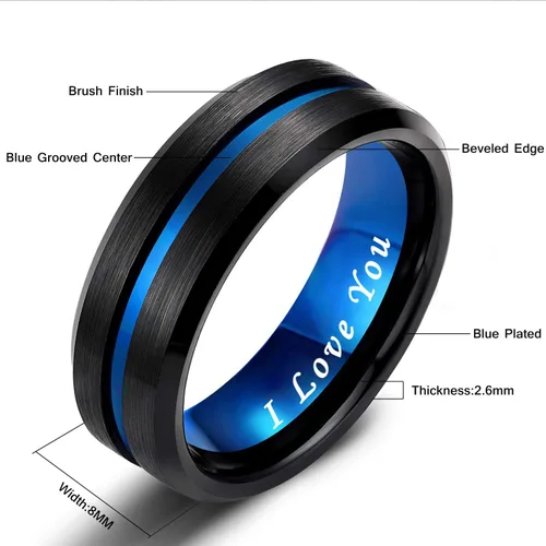 Vista 6 de Greenpod - Anillo de boda, de tungsteno, para hombre, 1564, 2064 y 2564 pulgadas, frase I love you grabada, ranura central fina de color azulrosa