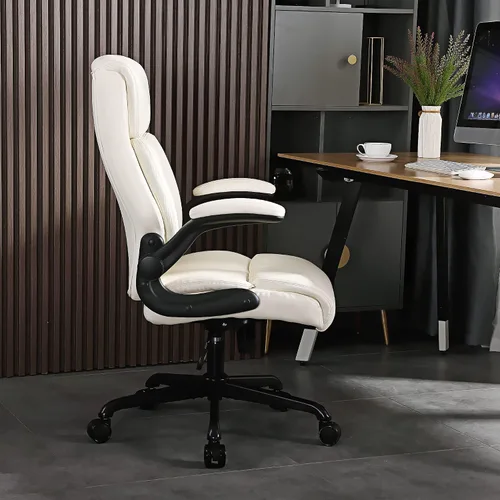 Vista 2 de Youhauchair Silla de oficina ejecutiva, silla ergonómica de piel sintética para computadora con soporte lumbar, reposabrazos abatibles y altura Beige