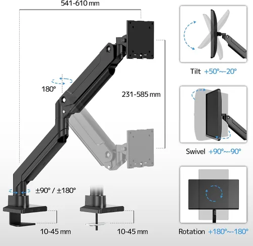 Vista 4 de PUTORSEN Brazo de monitor ultraancho de 17-49 pulgadas, hasta 44.1 lbs, brazo de monitor resistente, soporte de monitor de aluminio premium