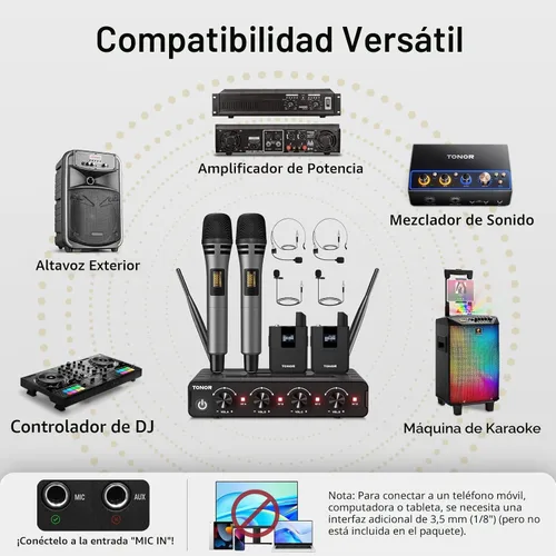 Vista 4 de TONOR Sistema de Micrófono Inalámbrico, Juego de 4 Micrófonos de Mano Inalámbricos UHF de 10 Canales con Auriculares/Micrófonos de Solapa Lavalier