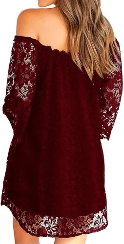 Vista 2 de OURS Mini vestido suelto de encaje con hombros descubiertos y manga de 34 para mujer
