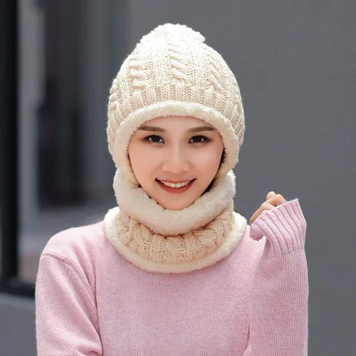 Vista 4 de Gorro de Invierno para Mujer de Una Pieza con Forro Polar Pasamontañas de Punto Conjunto con Bufanda Circular para Cuello Gorro de Esquí para Nieve