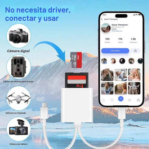 Vista 5 de Lector de tarjetas SD Denlane para iPhone iPad, lector de tarjetas de memoria con interfaz dual USB C y Lightning, adaptador de cámara digital